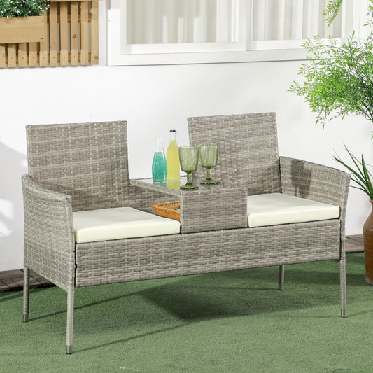 2 Seater Outdoor Sofa with Coffee Table, Steel and PE Rattan, 137x59x82 cm, Grey and Cream