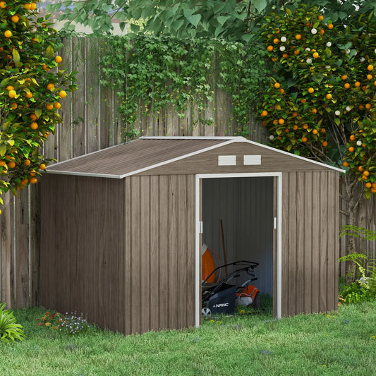 Steel Garden Shed with 4 Air Vents and 2 Sliding Doors, 277x195x192 cm, Light Brown