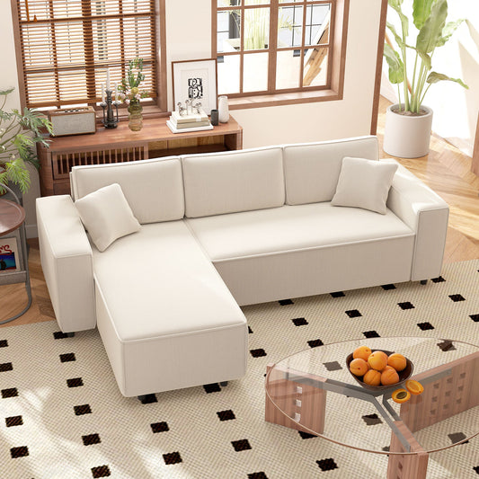 3 Seater Sofa with Peninsula in Velvet Effect Fabric, Foam and Nylon, 241x153x83 cm, Cream White