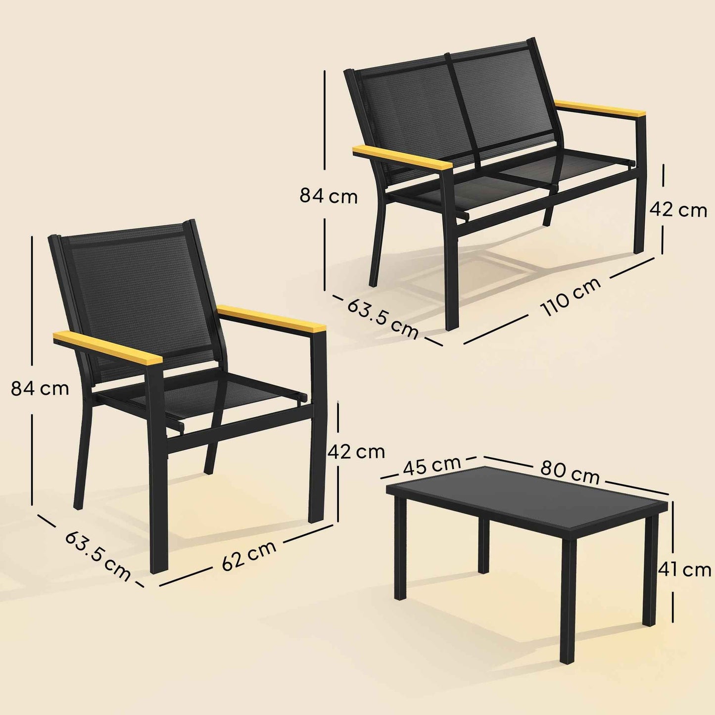 Outsunny 4-Piece Garden Furniture Set with Tempered Glass Coffee Table and 3 Teslin Fabric Seats, Black