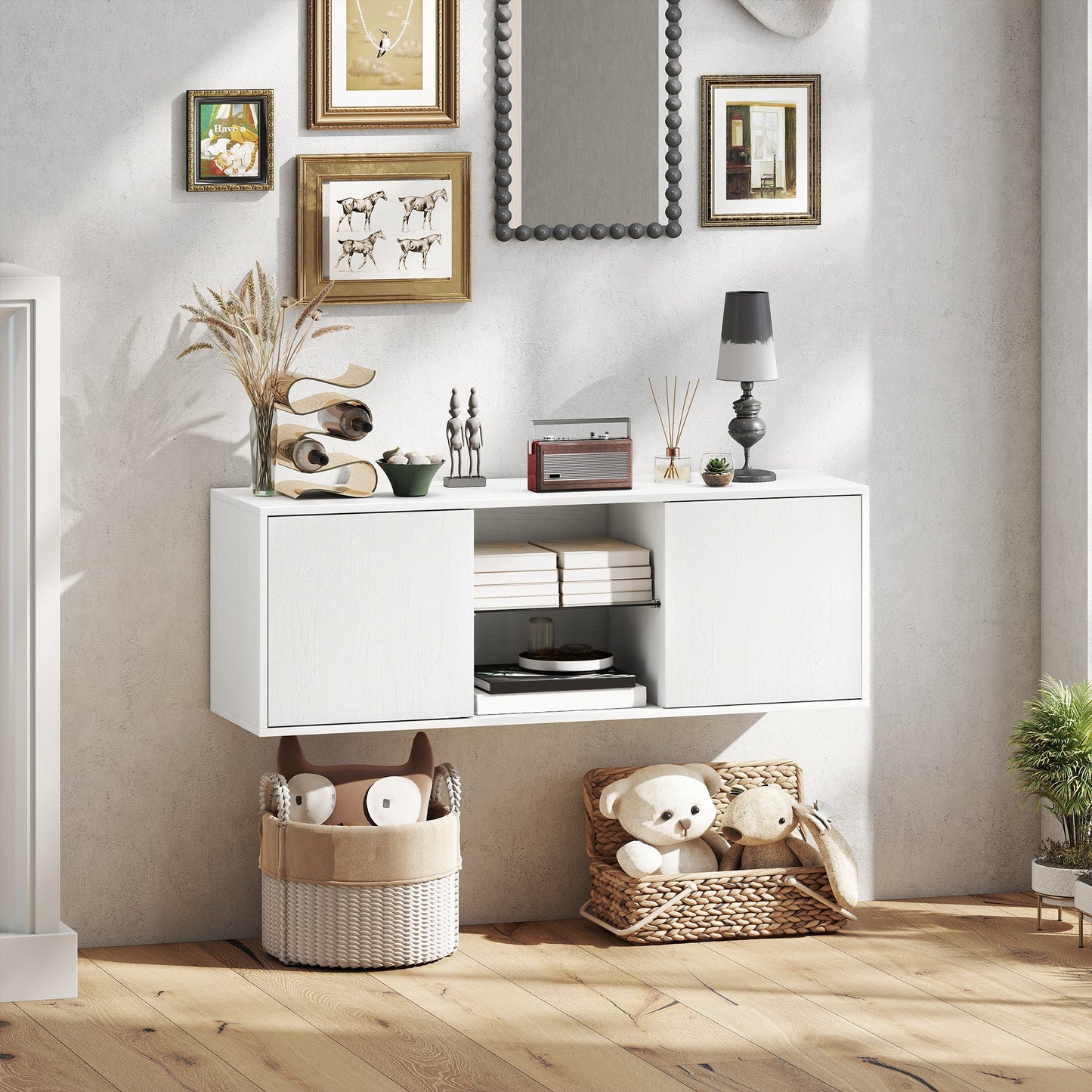 Wall-Mounted or Floor-Standing TV Stand for up to 55" with Soft-Close Doors, Cable Hole and Glass Shelf, White