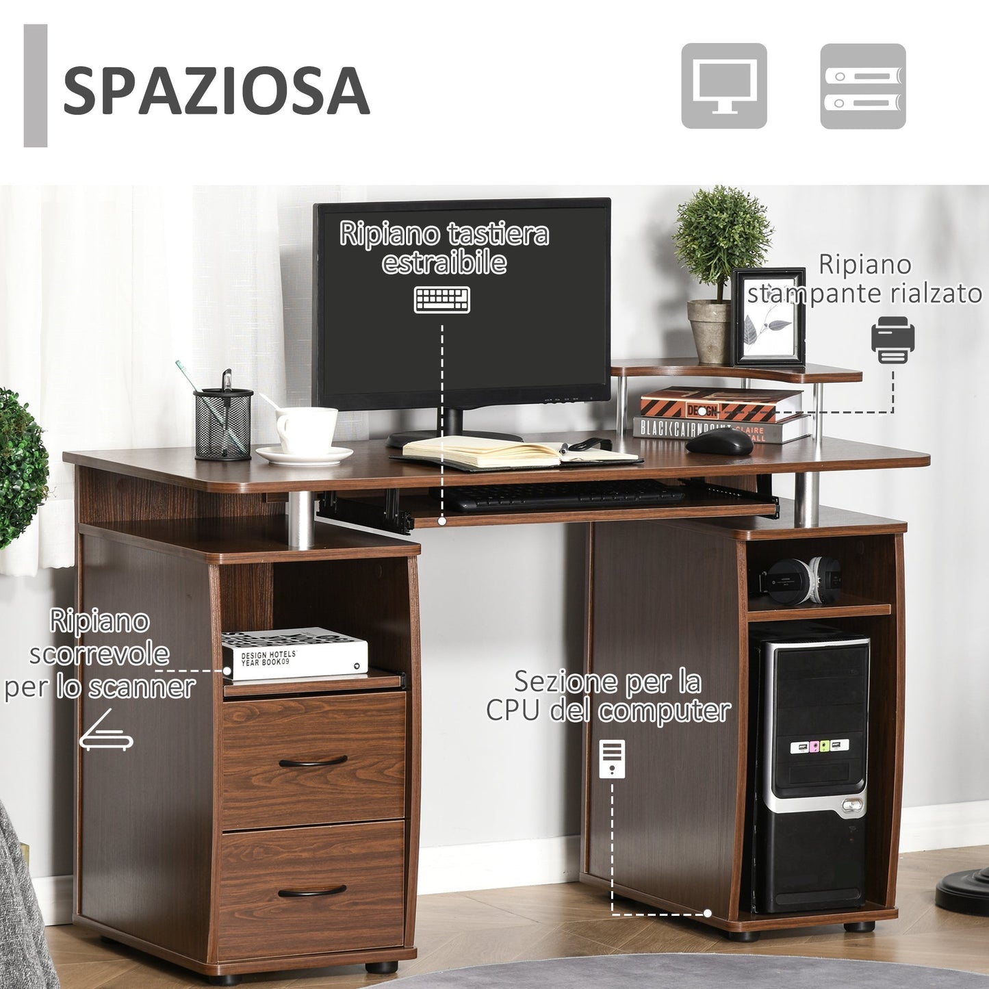 Desk PC Wooden Door With Drawers And Home Keyboard and Walnut Office