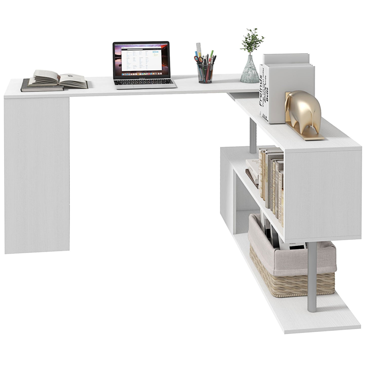 Modern Corner Swivel Desk with Bookcase, White Chipboard Dining Table, 140x120x78 cm