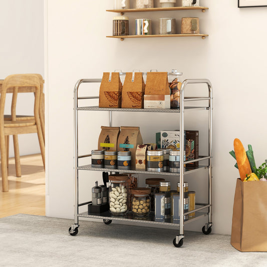 4-Tier Utility Cart with Adjustable Center Shelf and Raised Edges, Stainless Steel, 60x35x77 cm