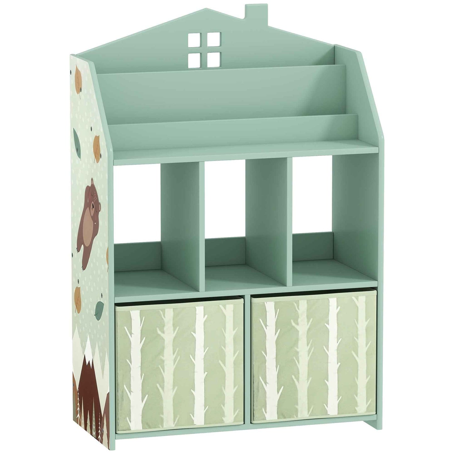 3-Tier Children's Bookcase with Drawers and Shelves, Wood and Fabric, 62.5x30x91.5 cm, Green