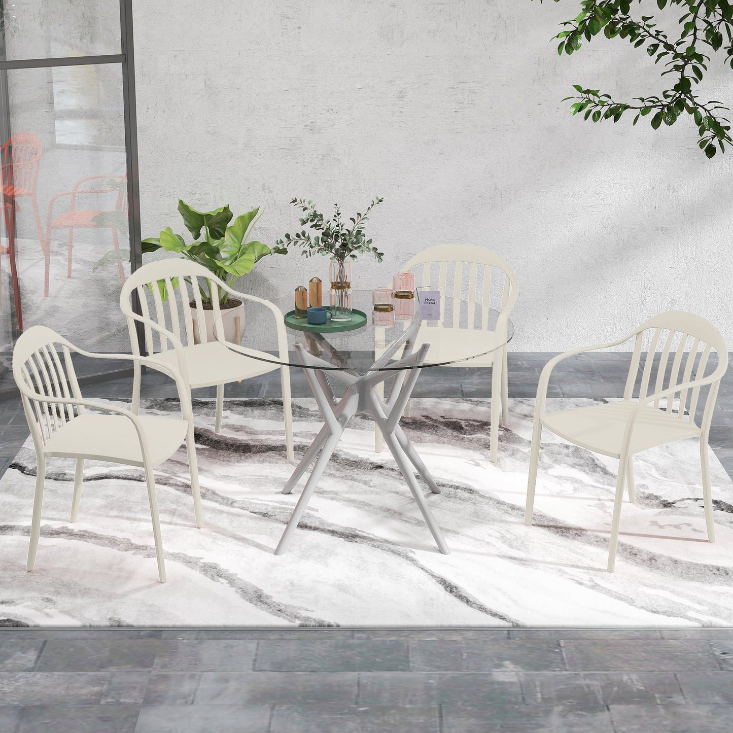 et of 4 Stackable Garden Chairs in PP with High Backrest and Armrests, 57x54x78 cm, White