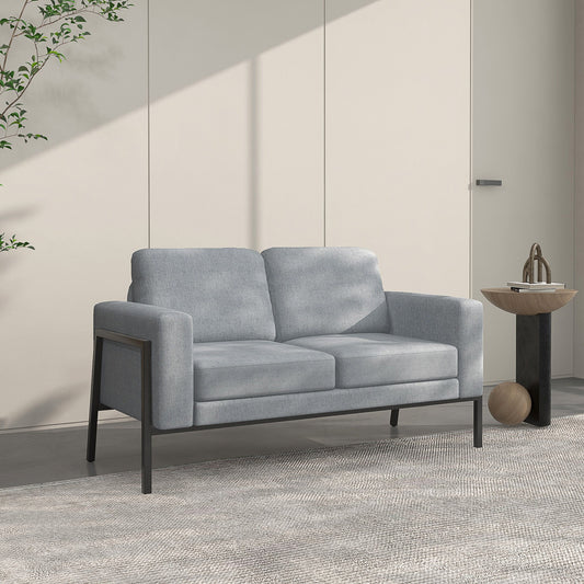 2 Seater Sofa in Linen Effect Fabric with Steel Legs and Padded Cushions, 138x70x83.5 cm, Grey