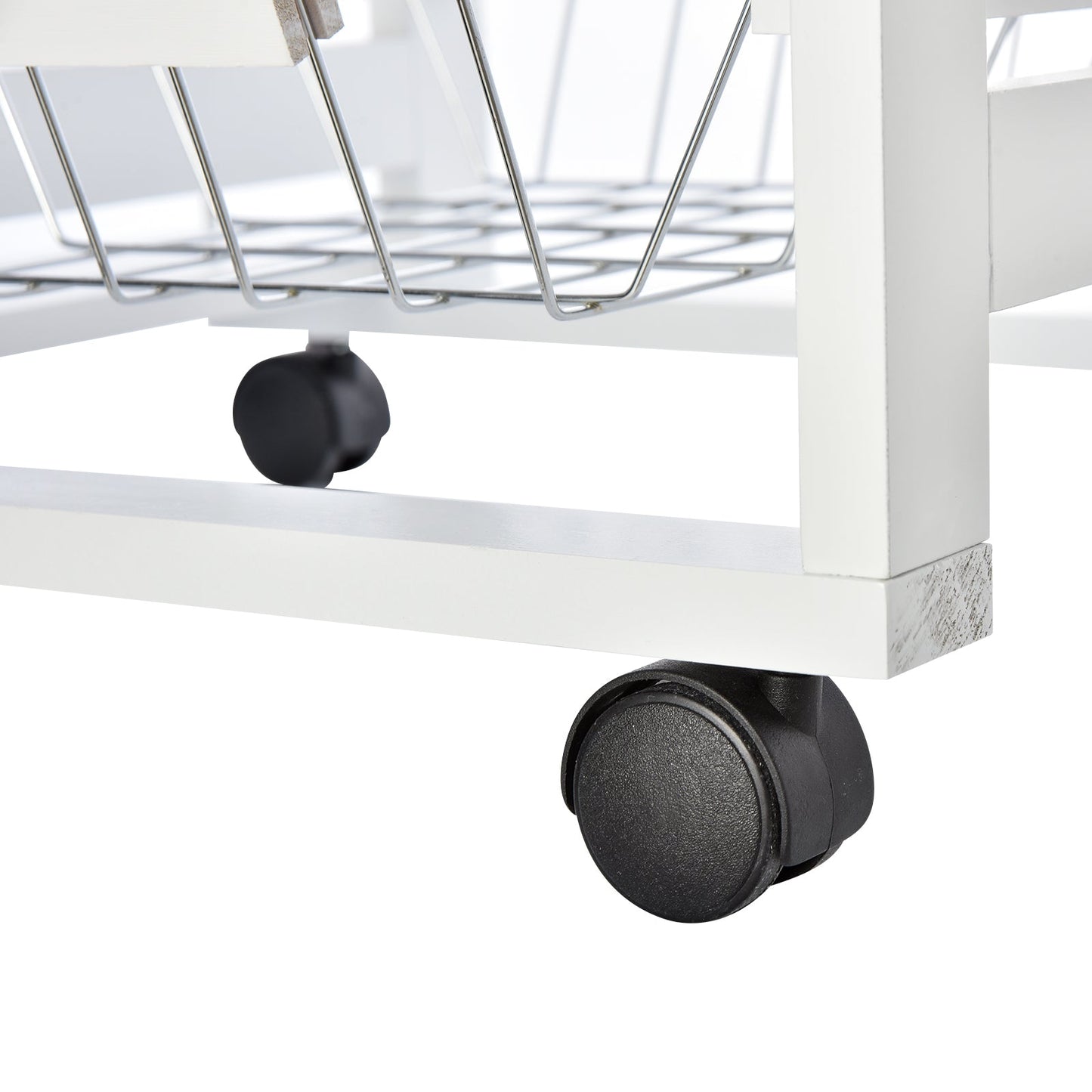 Space-Saving Kitchen Island Cart in Pine Wood, Food Cart with 4 Wheels, Drawer, 3 Pull-Out Baskets, Fruit Bowl, White