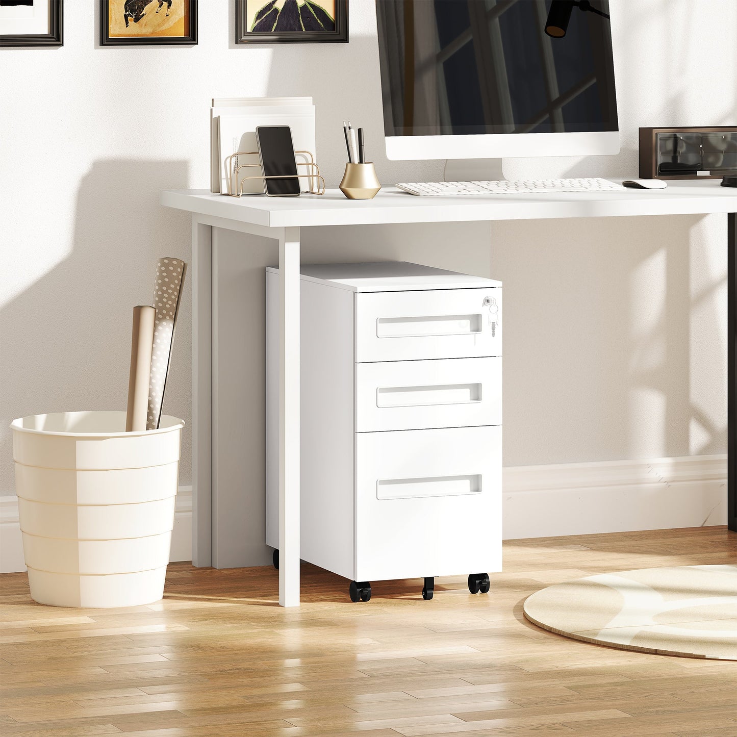 Steel Document Holder on 5 Wheels with 2 Drawers and Pen Tray, 30x43.5x60 cm, White