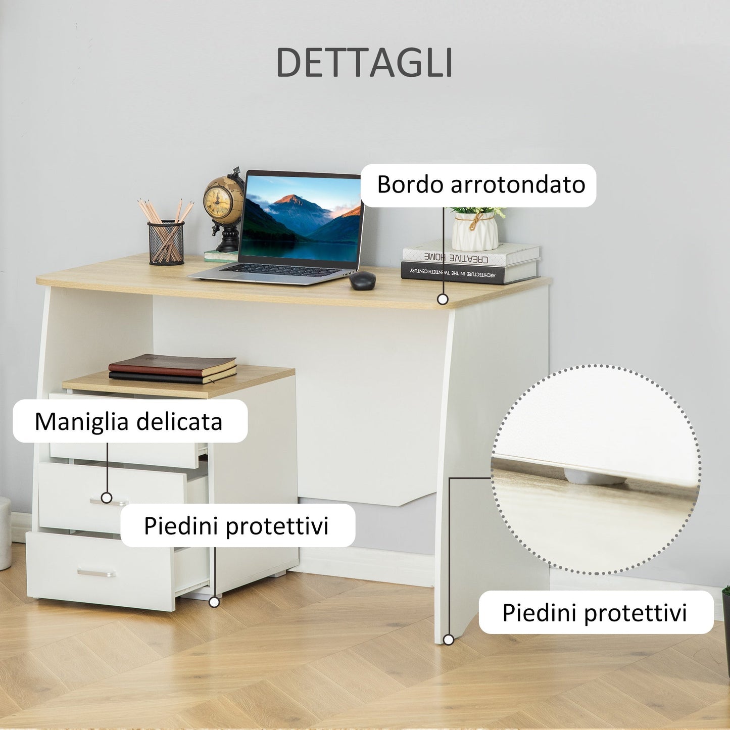desk with modern wooden chest of drawers, pc desk for room and office, 110x55x75cm