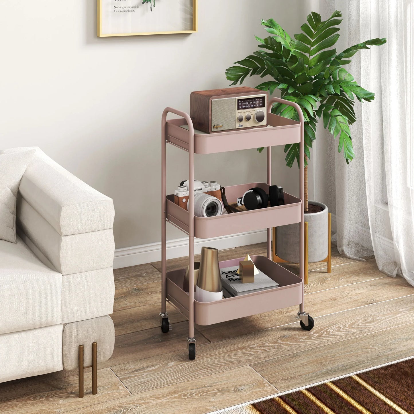 3‑Tier Pink Steel Beauty Trolley with Wheels