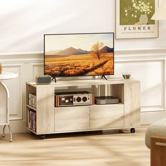 42" TV Stand with Swivel Wheels and Brake, Adjustable Shelves and Drawers, 102x34.5x48.5 cm, Wood