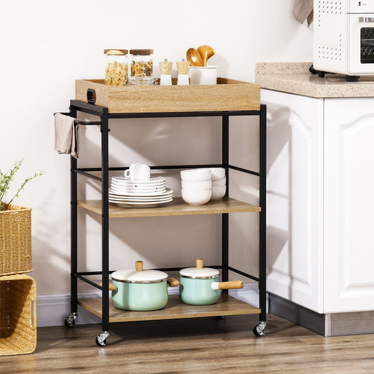3-Tier Kitchen Cart with Removable Tray and Swivel Wheels, 72x40x94cm, Wood and Black
