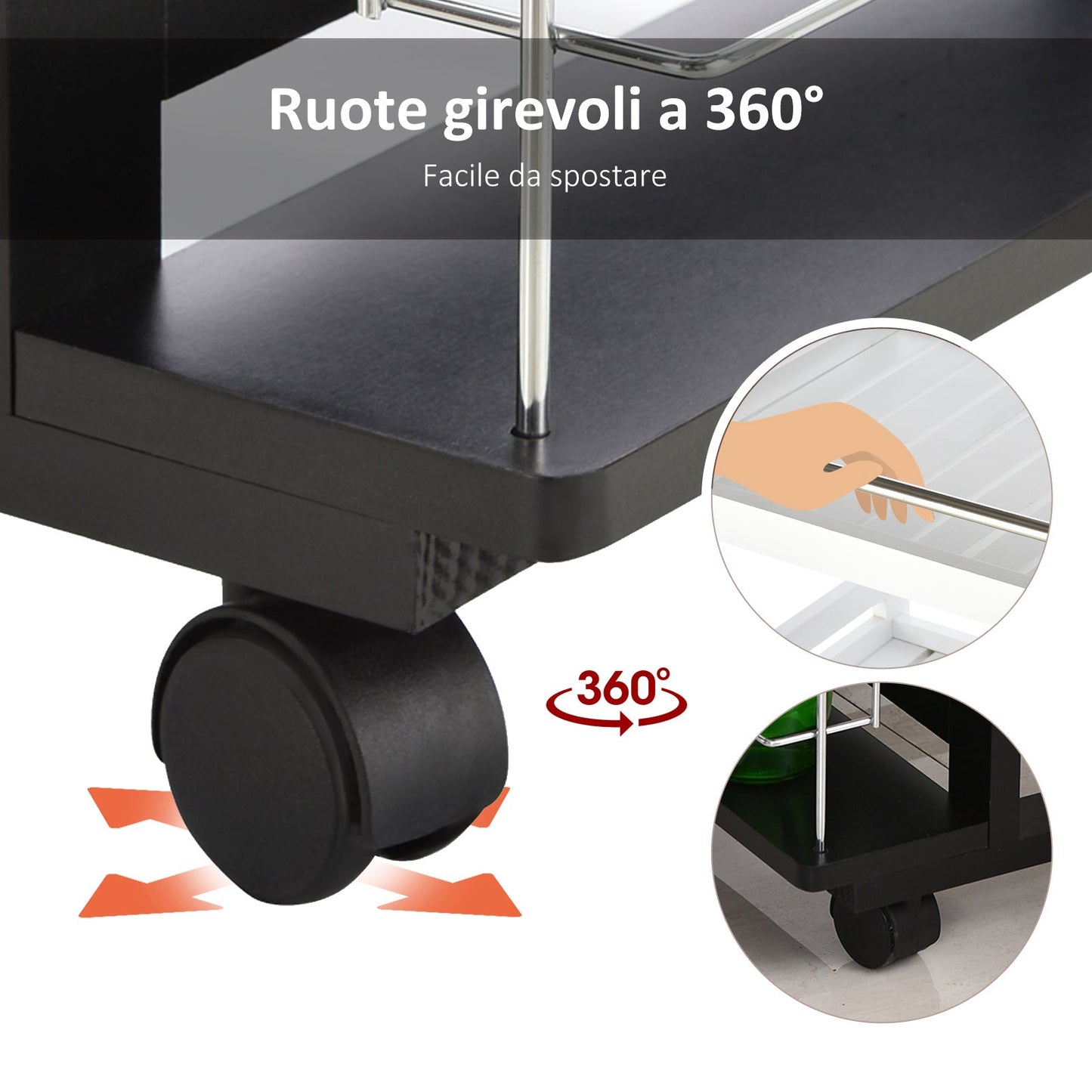 Kitchen Trolley with Drawer, 4 Pull-Out Fruit Baskets and Ceramic Top, Space-Saving Kitchen Cart with 4 Side Shelves in Pine Wood and Metal, 57x37x83 cm, Black