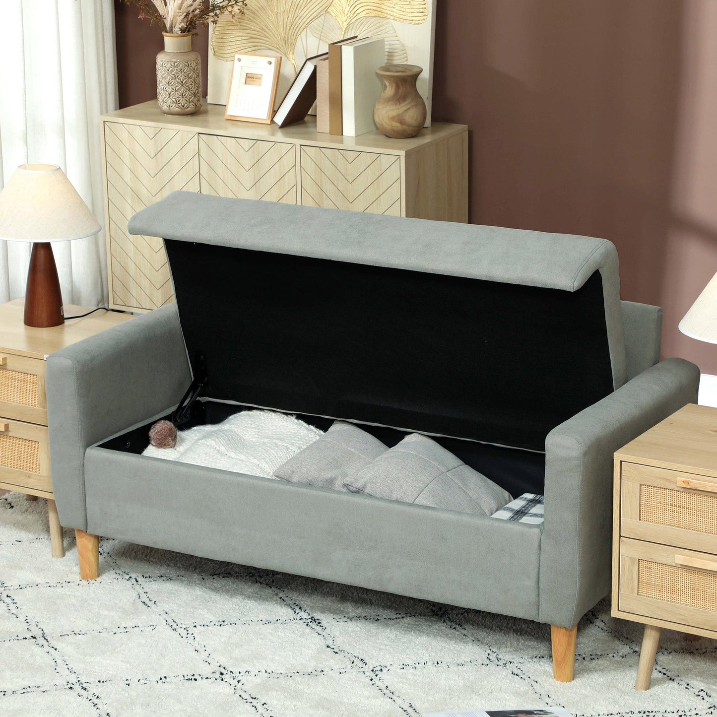 2 Seater Velvet Sofa with Lower Storage Compartment and Cushions, 140x72x82 cm, Grey