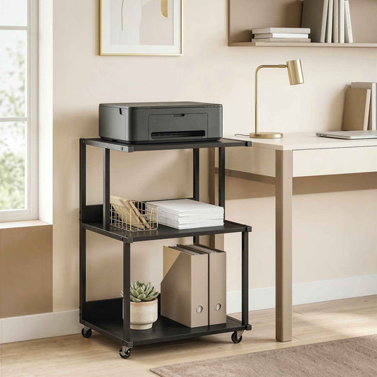 HOMCOM 3-Tier Printer Stand with Wheels, Industrial Metal Office Table, Black.