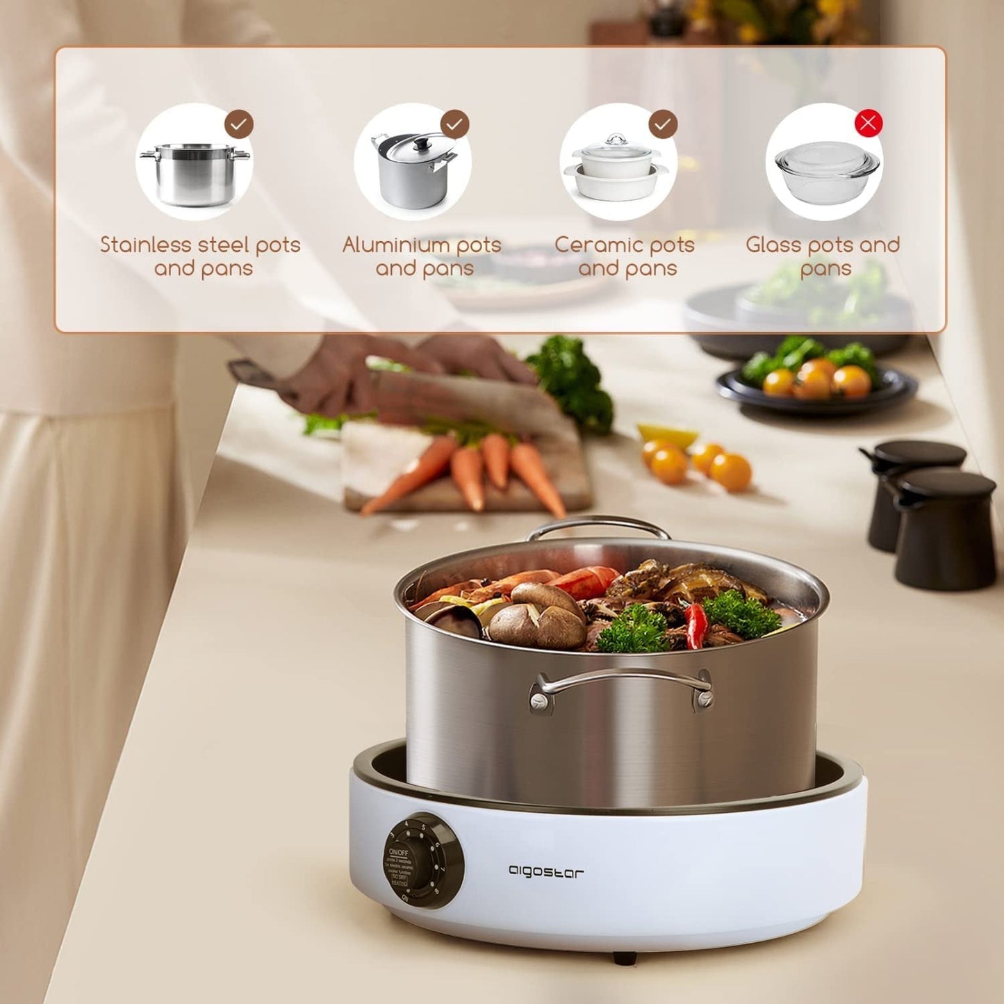 2000W, induction plate, glass ceramic cooking plate, electric grill, 2 in 1, Aigostar Foodie