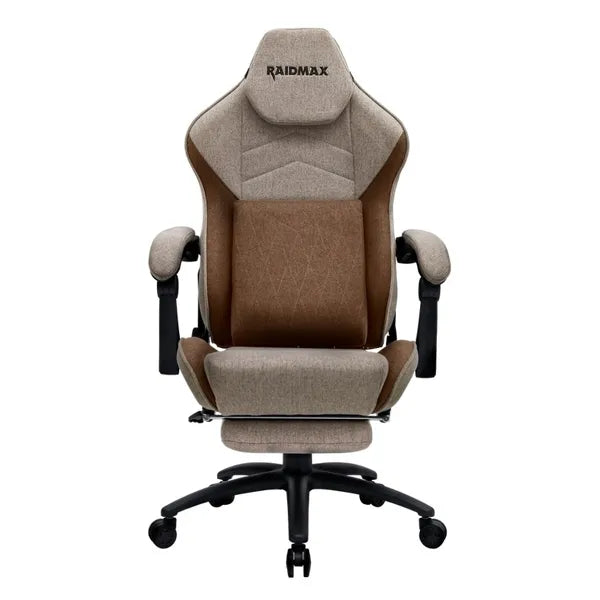 Gaming Chair, Fabric, Up to 150kg, Linkage Armrests, Footrest, 180deg Tilting, Head & Lumbar support, Rocking function, Brown