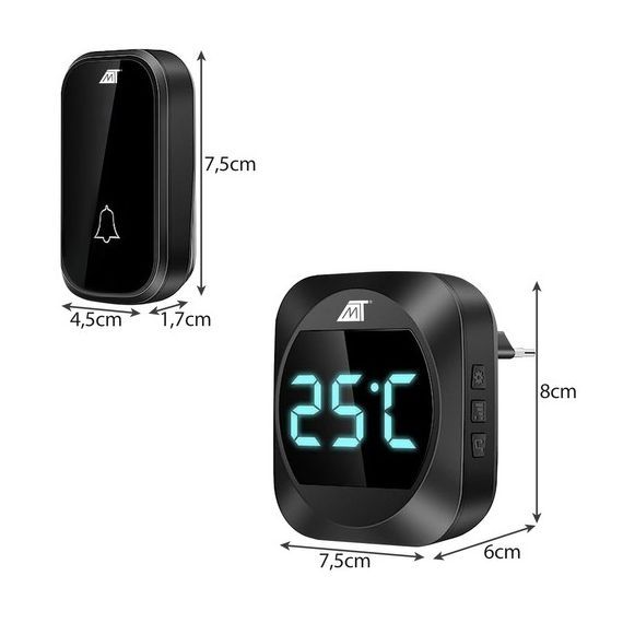 Wireless Doorbell with Temperature Display, LCD, Black