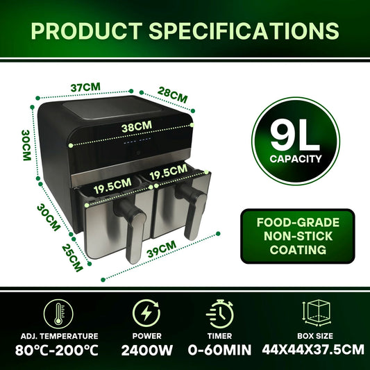 9 ltr, Double basket Air Fryer, 2400W, Comfy Nest