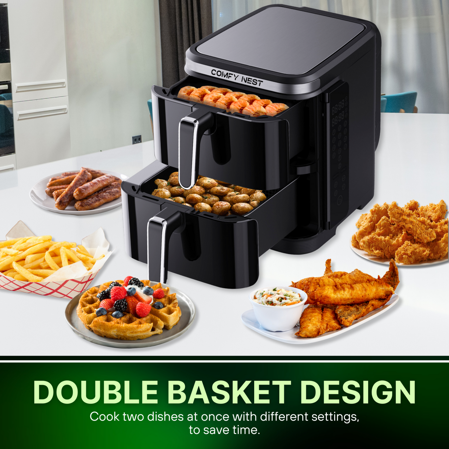 11Ltr, Double Basket Air Fryer, 2800W, Comfy Nest
