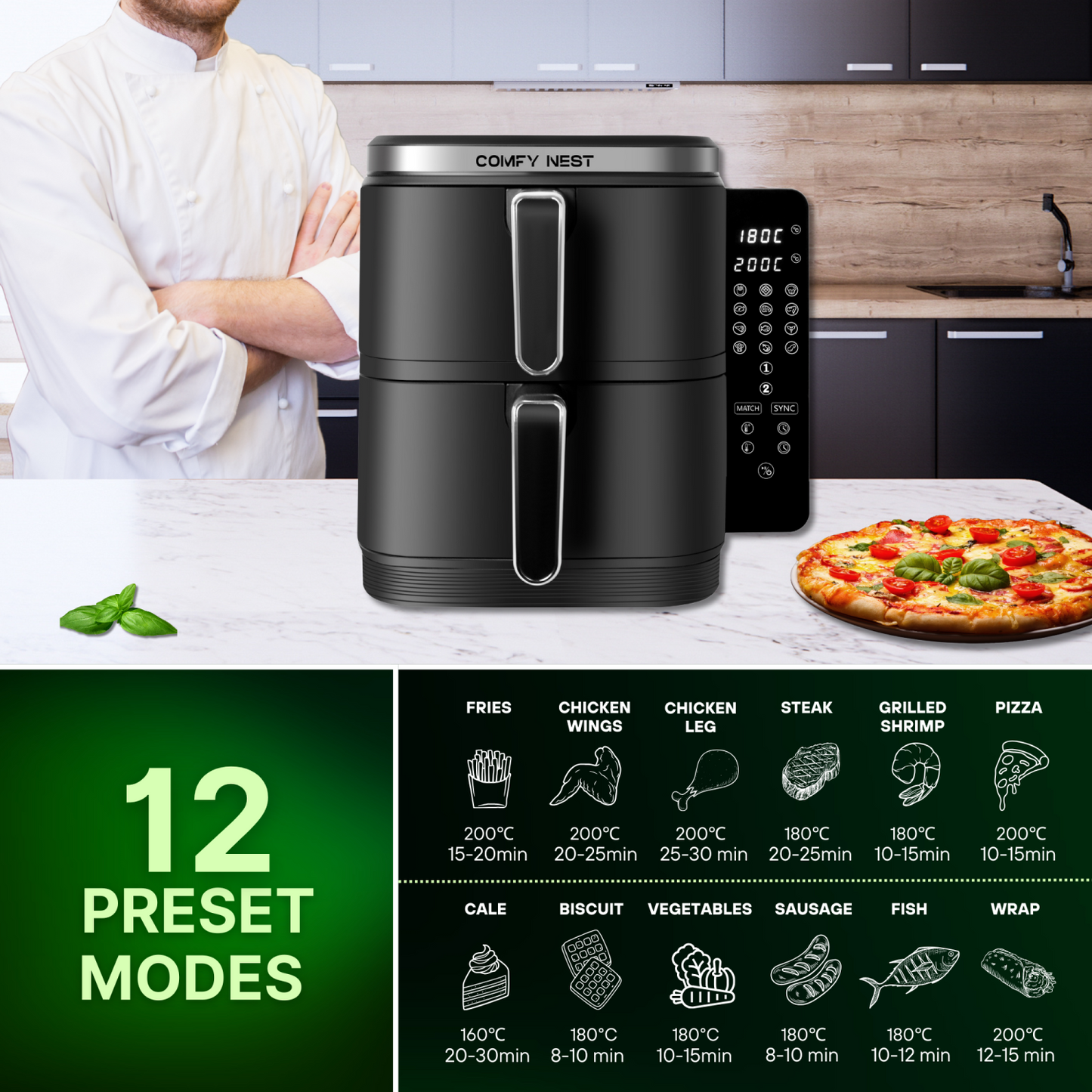 11Ltr, Double Basket Air Fryer, 2800W, Comfy Nest