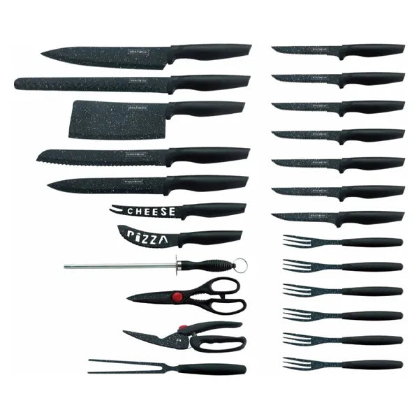 24pc, Kitchen knife Set, Non-Stick Coating, with Carrying Case, Black, ROYALTYLINE
