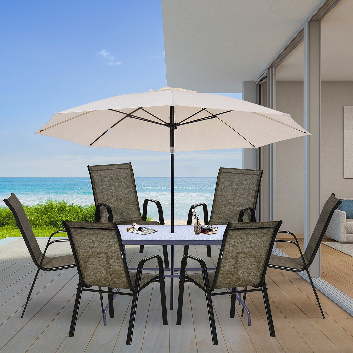 Garden Chairs Set of 6, Stackable Outdoor Chairs in Metal and Breathable Fabric, Brown