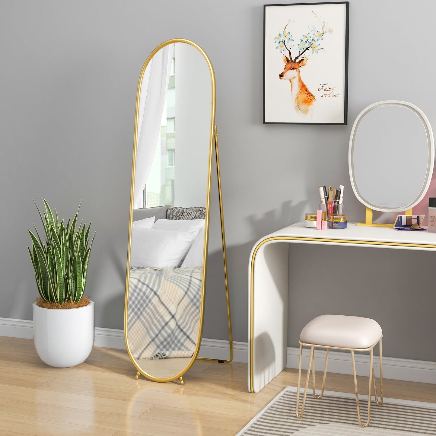 Oval Vertical Floor Mirror with Stand, in Glass and Metal, 40x41x159 cm, Gold Tone
