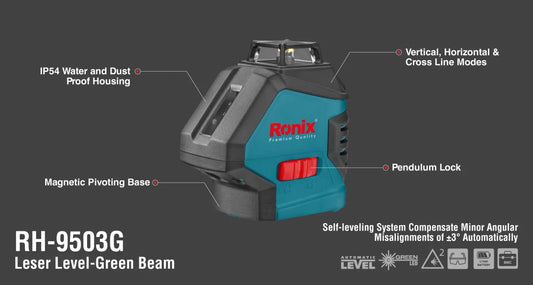 15mt-50mt, rechargeable, laser level, green beam, 515nm laser class II, RONIX RH-9503G
