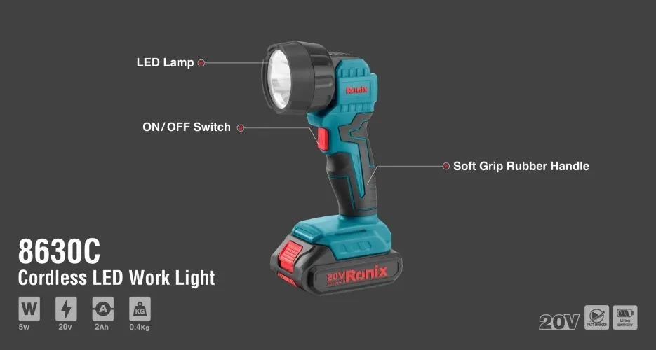 5W-20v, cordless led torch light, NO battery, RONIX 8630C