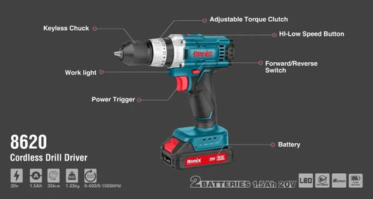 20v, cordless, drill driver, RONIX 8620