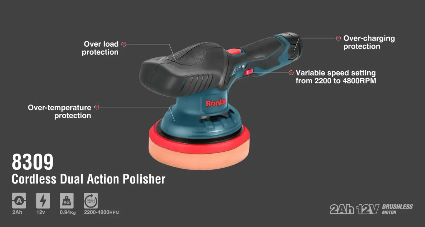 12V, cordless, dual action polisher, 150mm, RONIX 8309