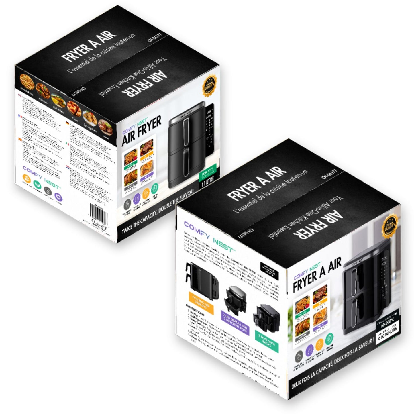 2800W Double Basket Air Fryer with Digital Folding Side Panel - 11L