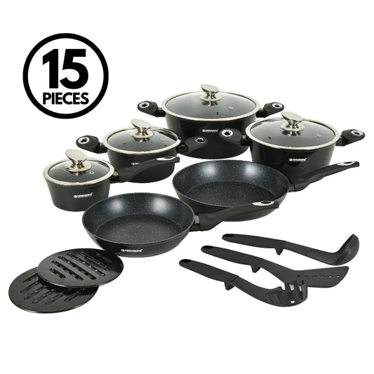 15 Pieces Marble Coated Cookware Set - Black