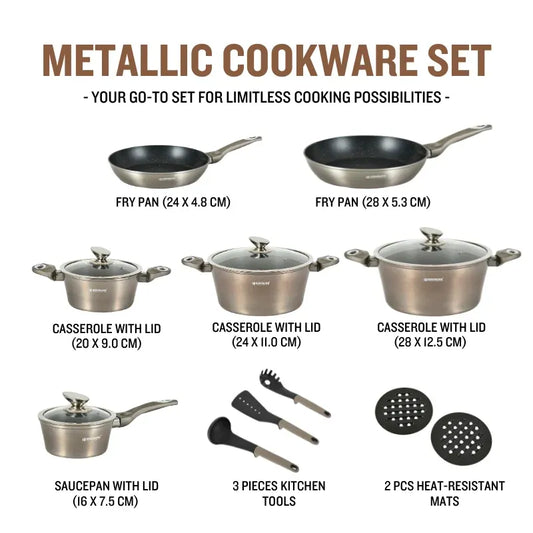 15 Pieces Marble Coated Cookware Set - Carbon