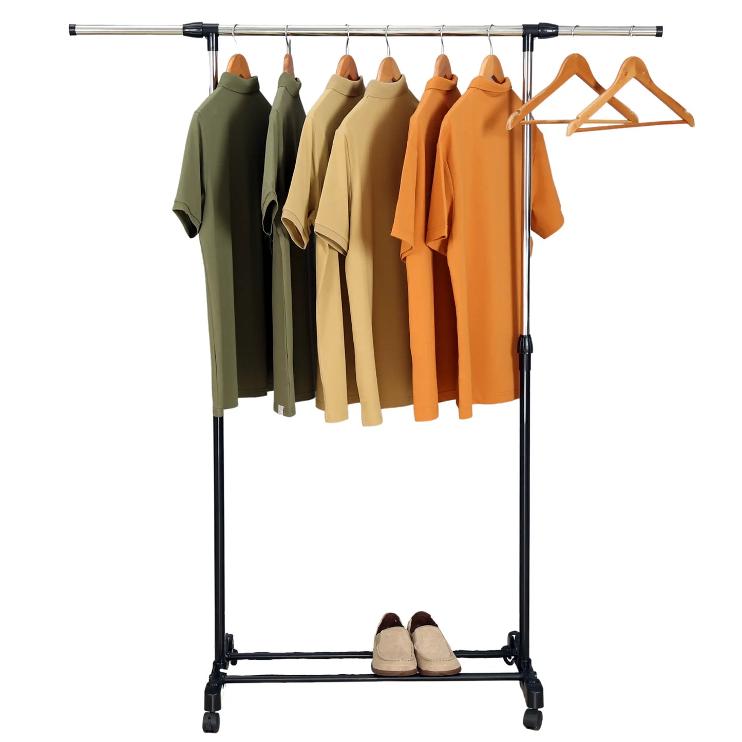 Adjustable Single Rod Rolling Clothing Garment Rack