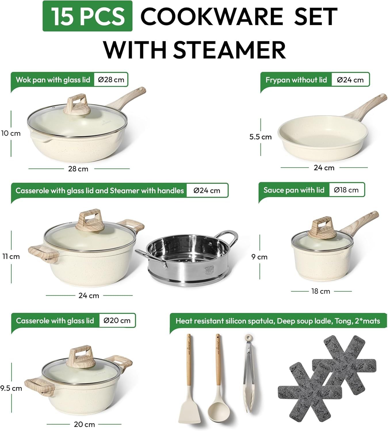 Just Perfecto JL-779: 15 Pieces Granite Cookware Set with Steamer - Biege