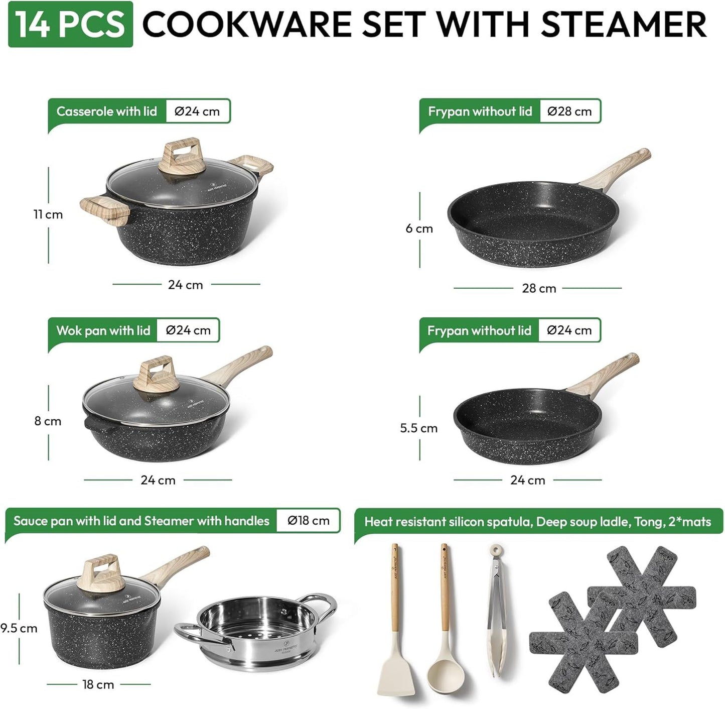Just Perfecto JL-30: 14 Pieces Granite Cookware Set with Steamer - Black