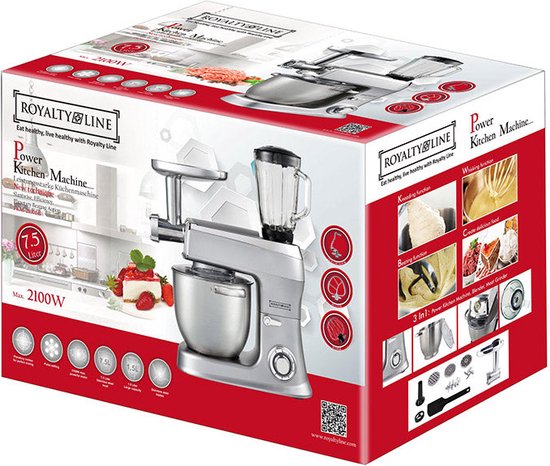 3 in 1 Food Processor - 7.5 L Food Robot - Powerful 2100W Food Processor - Kitchen Mixer With Blender & Meat Grinder - Silver