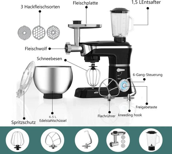 3 in 1 Food Processor - 6.5 L Food Robot - 1900W Food Processor - Kitchen Mixer With Blender & Meat Grinder - Black