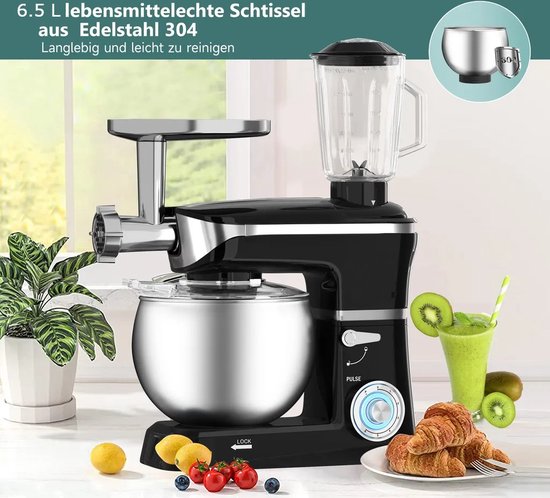 3 in 1 Food Processor - 6.5 L Food Robot - 1900W Food Processor - Kitchen Mixer With Blender & Meat Grinder - Black