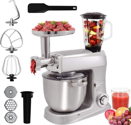 3 in 1 Food Processor - 7.5 L Food Robot - Powerful 2100W Food Processor - Kitchen Mixer With Blender & Meat Grinder - Silver