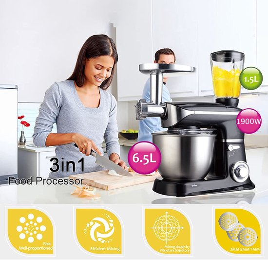 3 in 1 Food Processor - 6.5 L Food Robot - 1900W Food Processor - Kitchen Mixer With Blender & Meat Grinder - Black