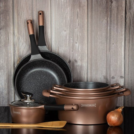 14 pcs, cookware set, brown copper, click handle, marble coated, glass lids, ROYALTYLINE ES2014M-BN