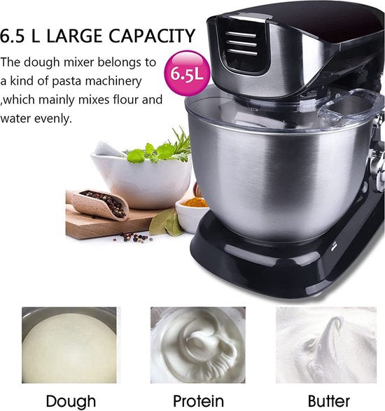 3 in 1 Food Processor - 6.5 L Food Robot - 1900W Food Processor - Kitchen Mixer With Blender & Meat Grinder - Black