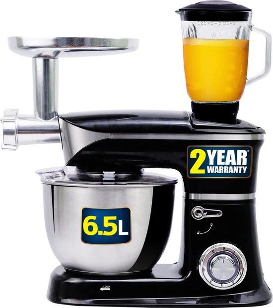 3 in 1 Food Processor - 6.5 L Food Robot - 1900W Food Processor - Kitchen Mixer With Blender & Meat Grinder - Black