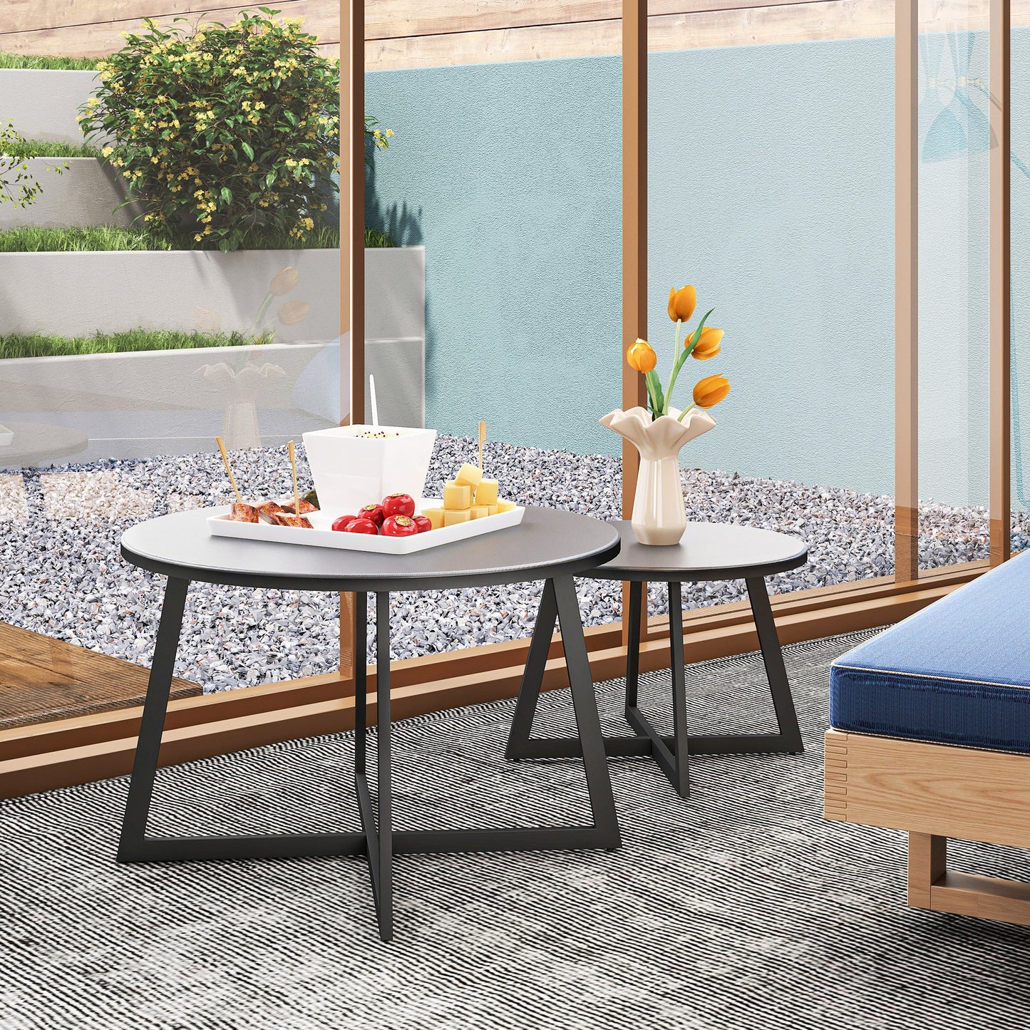 Set of 2 Outdoor Coffee Tables with Tempered Glass Top, Ø70x45 cm and Ø50x35 cm, Gray