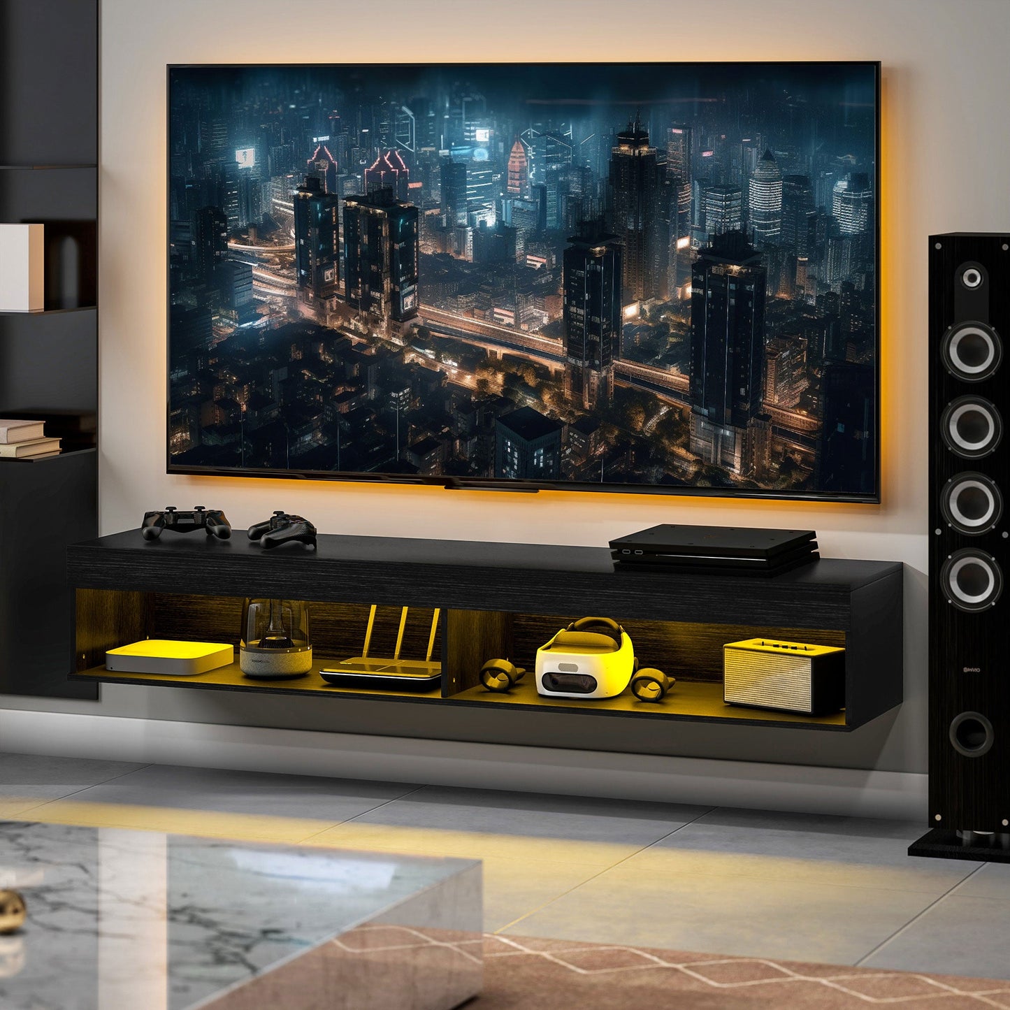 Wall Mounted TV Stand for up to 75" with 16 Color LED Lights and Remote Control, 180x40x30cm, Black