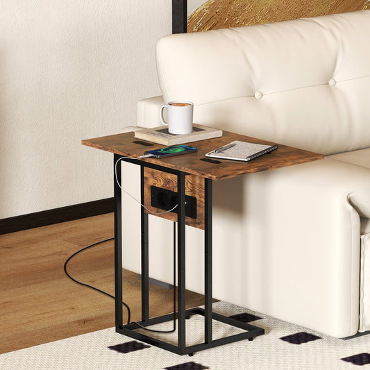 Expandable C-Shaped Coffee Table with 2 Charging Stations, Wood and Metal, 39x29x57 cm, Black and Brown